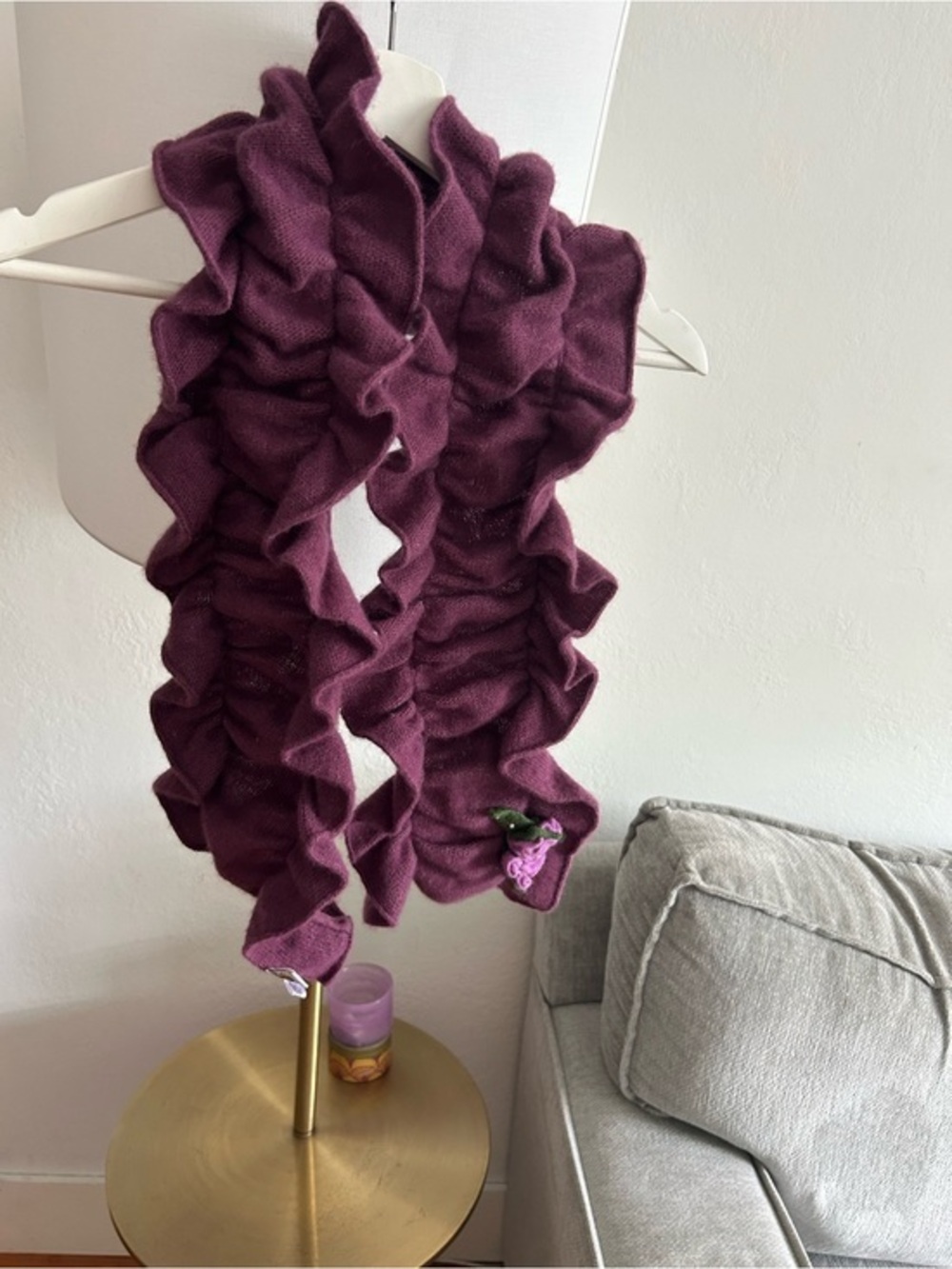 Portolano Lambswool Angora Ruffled Scarf With Applique Flower Purple